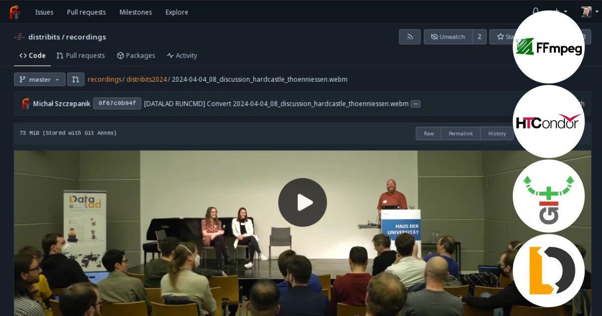 Screenshot of a video page of the dataset described in this post as hosted at https://hub.datalad.org/distribits/recordings, and the FFmpeg, HTCondor, git-annex, and DataLad logos on top.