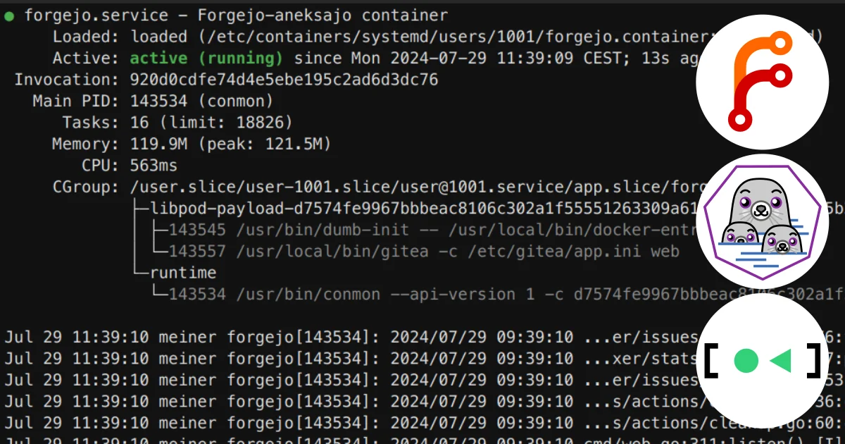 A screenshot of `systemd status` for a container process, and the Forgejo, podman, and systemd logos on top.