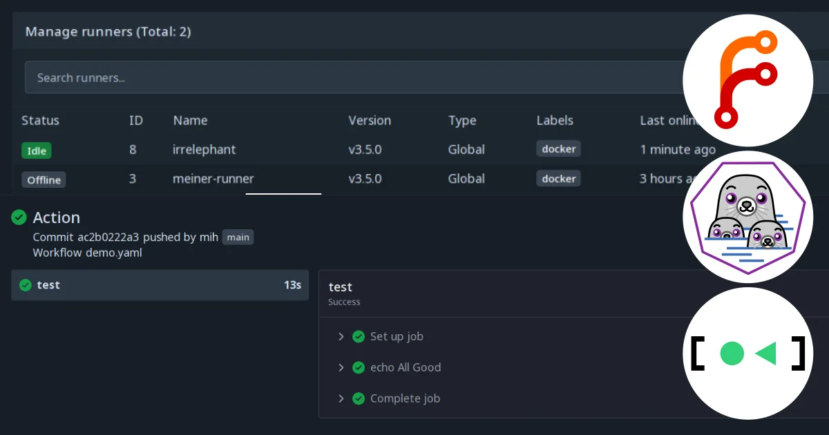 A screenshot of Forgejo action runner status and result page, with the Forgejo, podman, and systemd logos on top.