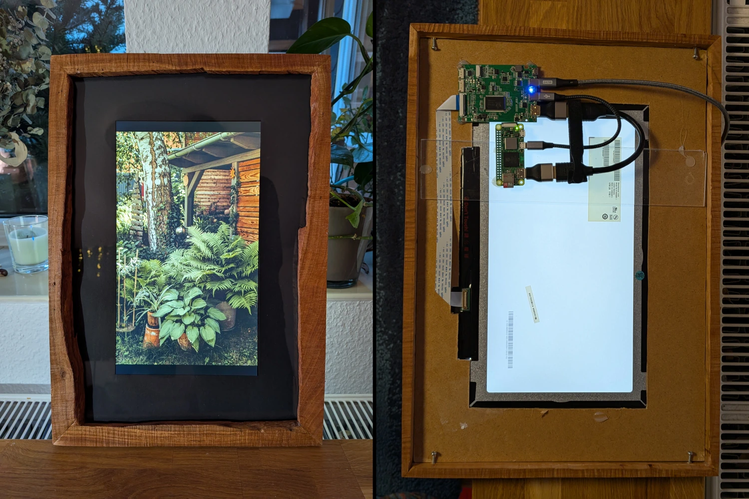 Side-by-side image of the running photo frame from the front (one the left) and from the back (on the right). The frame is made from cherry wood with visible chainsaw marks. The screen is fitted into the center with a black passe-partout.