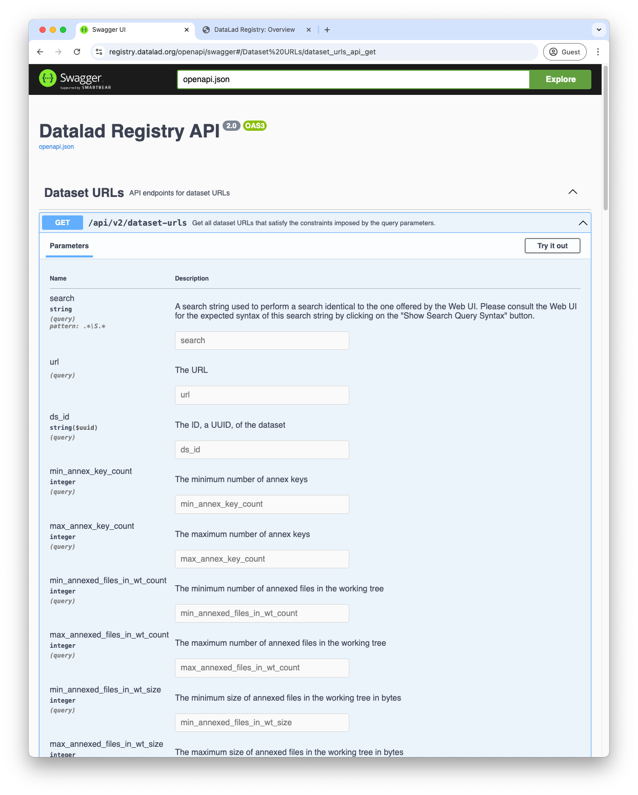 A page showing detailed view of the `dataset-urls` endpoint