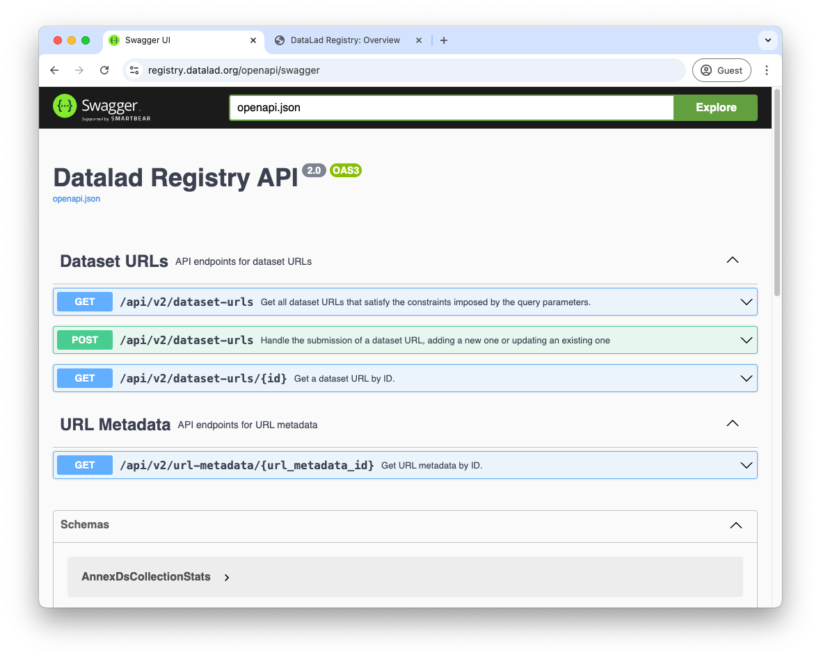 A page showing Swagger, an interactive documentation interface, displaying the supported API endpoints