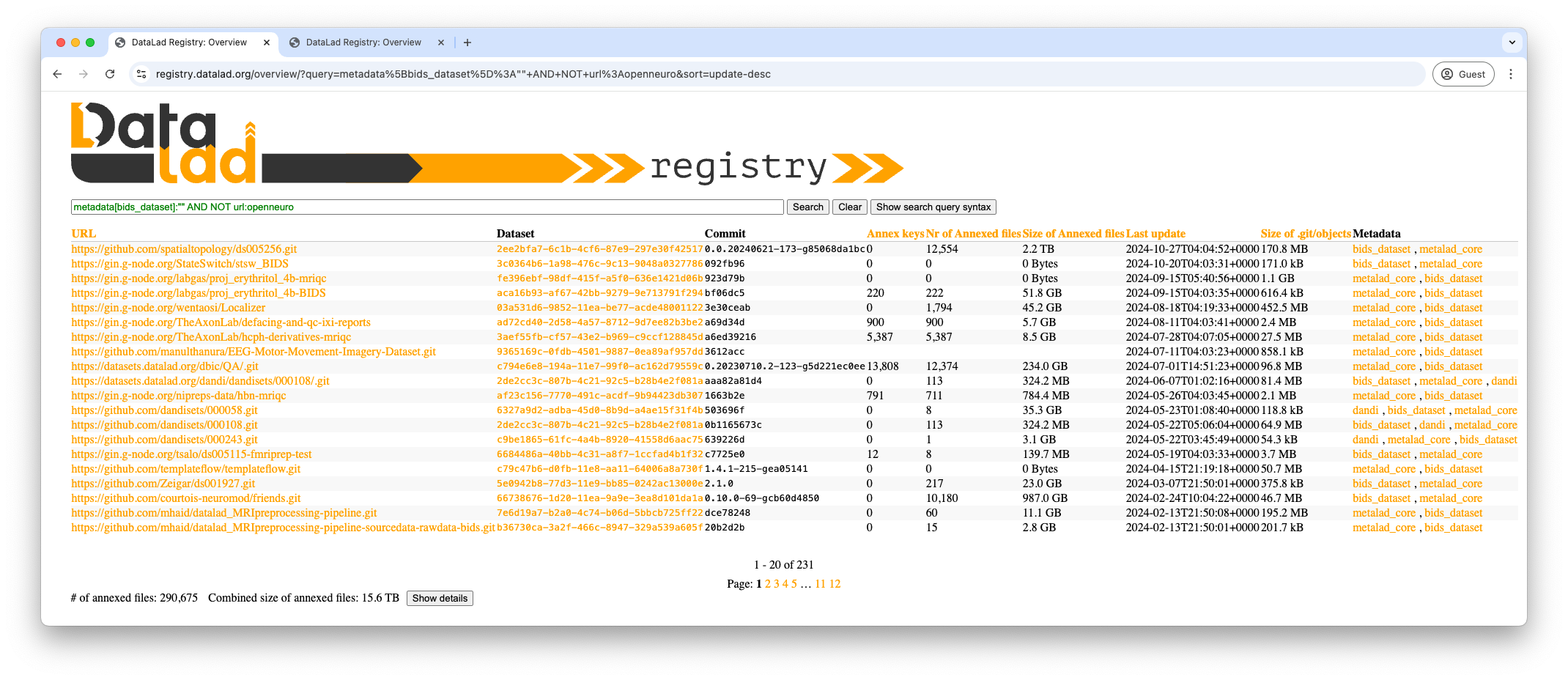 A page showing the result of a search with the query `metadata[bids_dataset]:"" AND NOT url:openneuro`