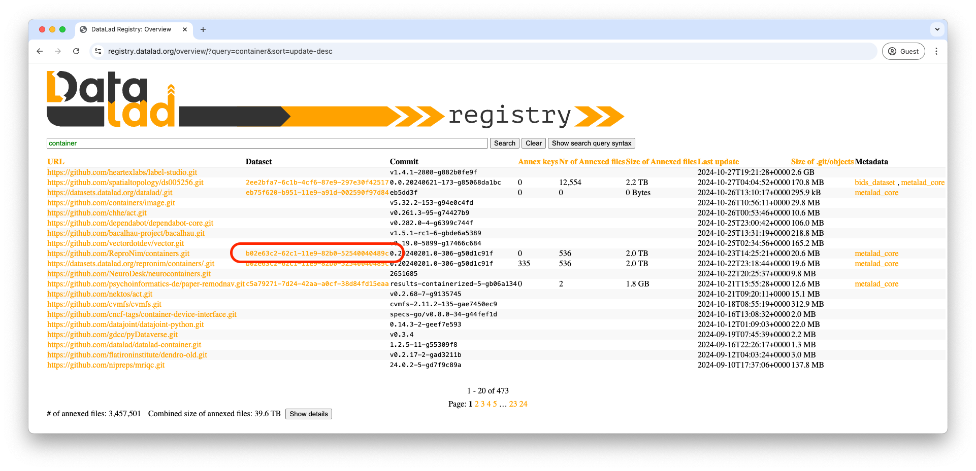 A page showing the result of the single-word search of `container`