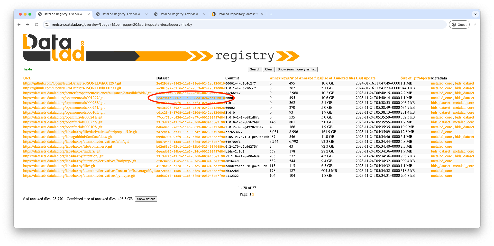 Figure directing to click on the dataset with DataLad dataset ID, `2e429bfe-8862-11e8-98ed-0242ac120010`, in the single-word search result page