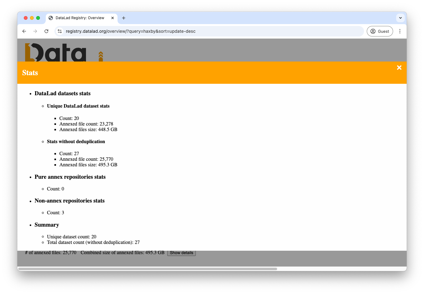 An embedded page with stats of the single-word search result of `haxby` 