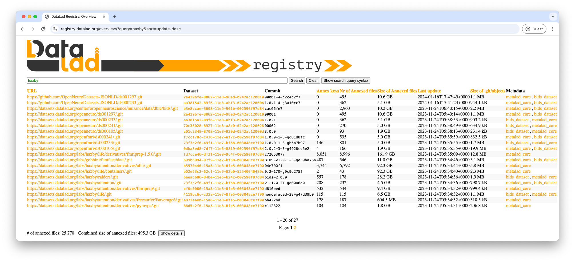 The page with the single-word search result of `haxby` 