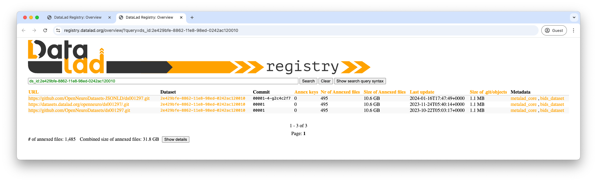 A page showing the forks of DataLad dataset with ID, `2e429bfe-8862-11e8-98ed-0242ac120010`